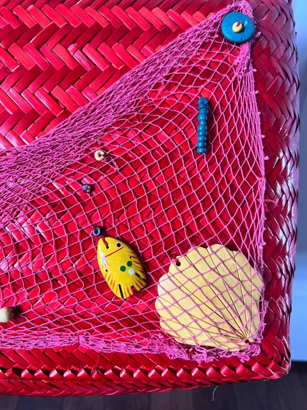 Vintage Red Woven Tote Bag with Decorative Fish and Shell Accents by Oggi Domani - Picture 4 of 14